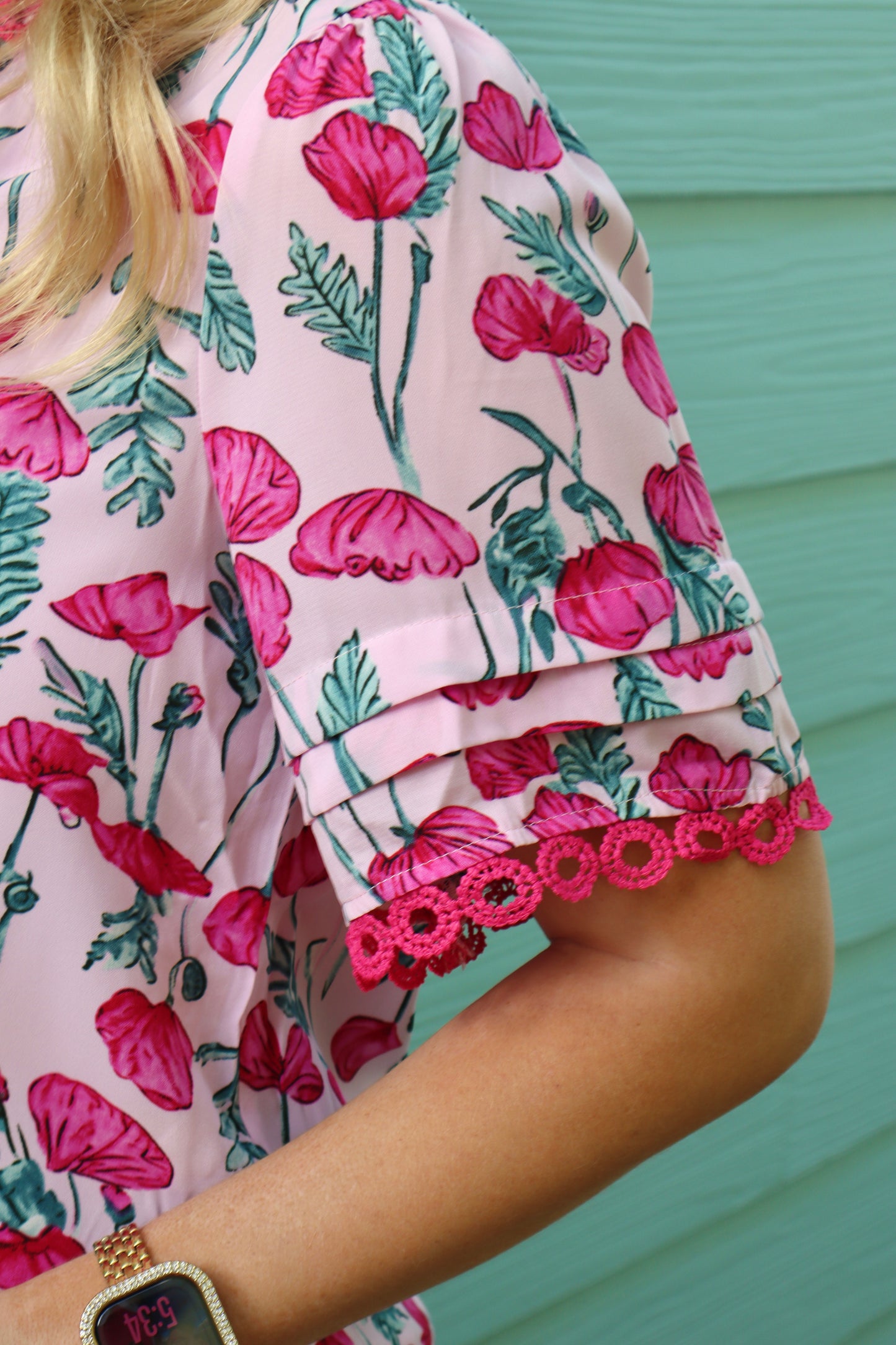 Pink Floral Lace Detail Frilled V Neck Summer Blouse