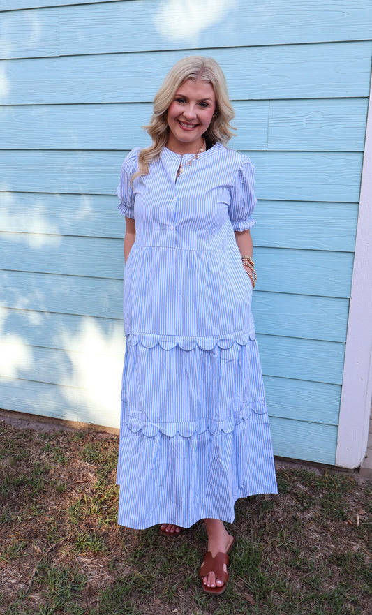 Sky blue stripe bubble short sleeve tiered scallop long dress by Modern Grace, featuring a flowy silhouette and scalloped hem.