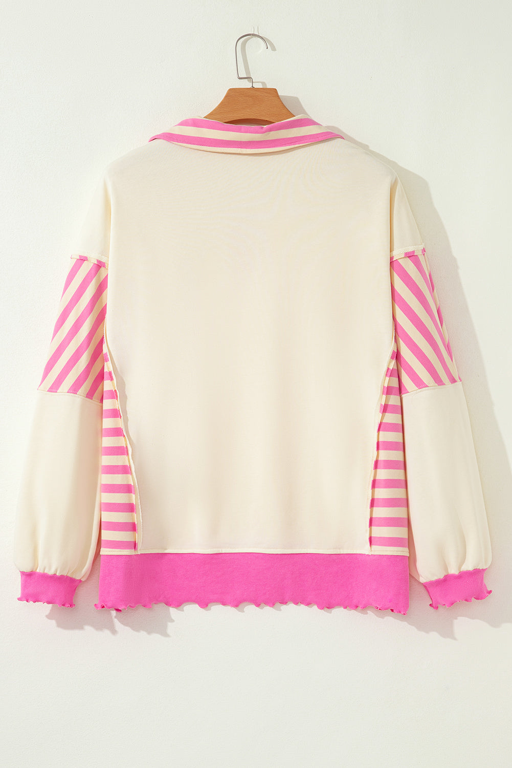 Plus size pink striped polo collar drop shoulder sweatshirt by Modern Grace, featuring a relaxed fit and casual style.
