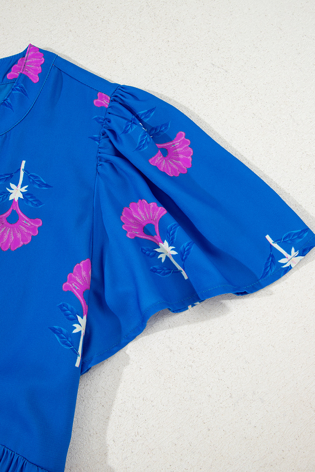 Blue Floral Print Notched Neck Butterfly Sleeve Shift Long Dress (Warehouse Exclusives)