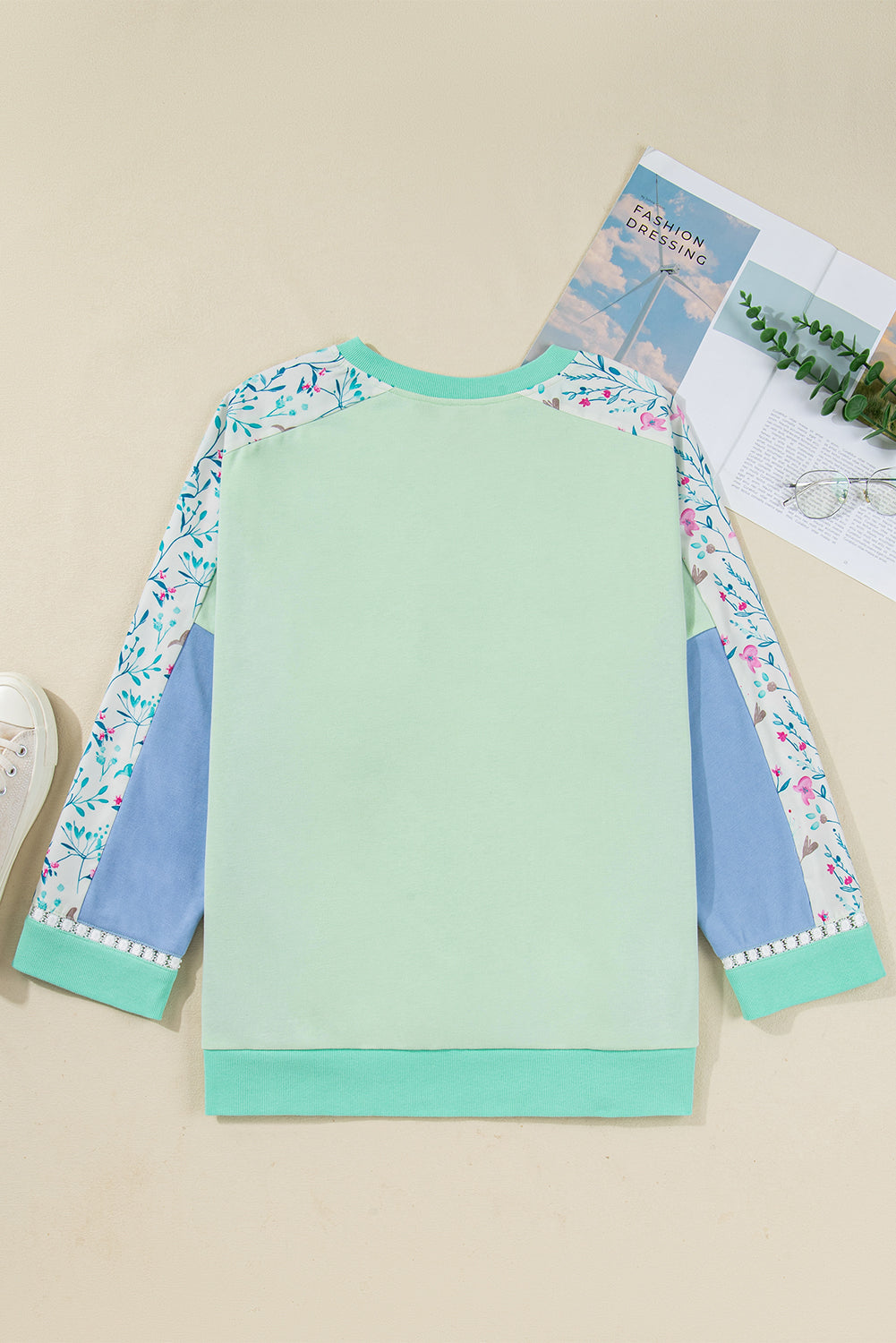 Green Color Block Floral Patchwork Long Sleeve Notched Neck Plus Size Top (Warehouse Exclusives)