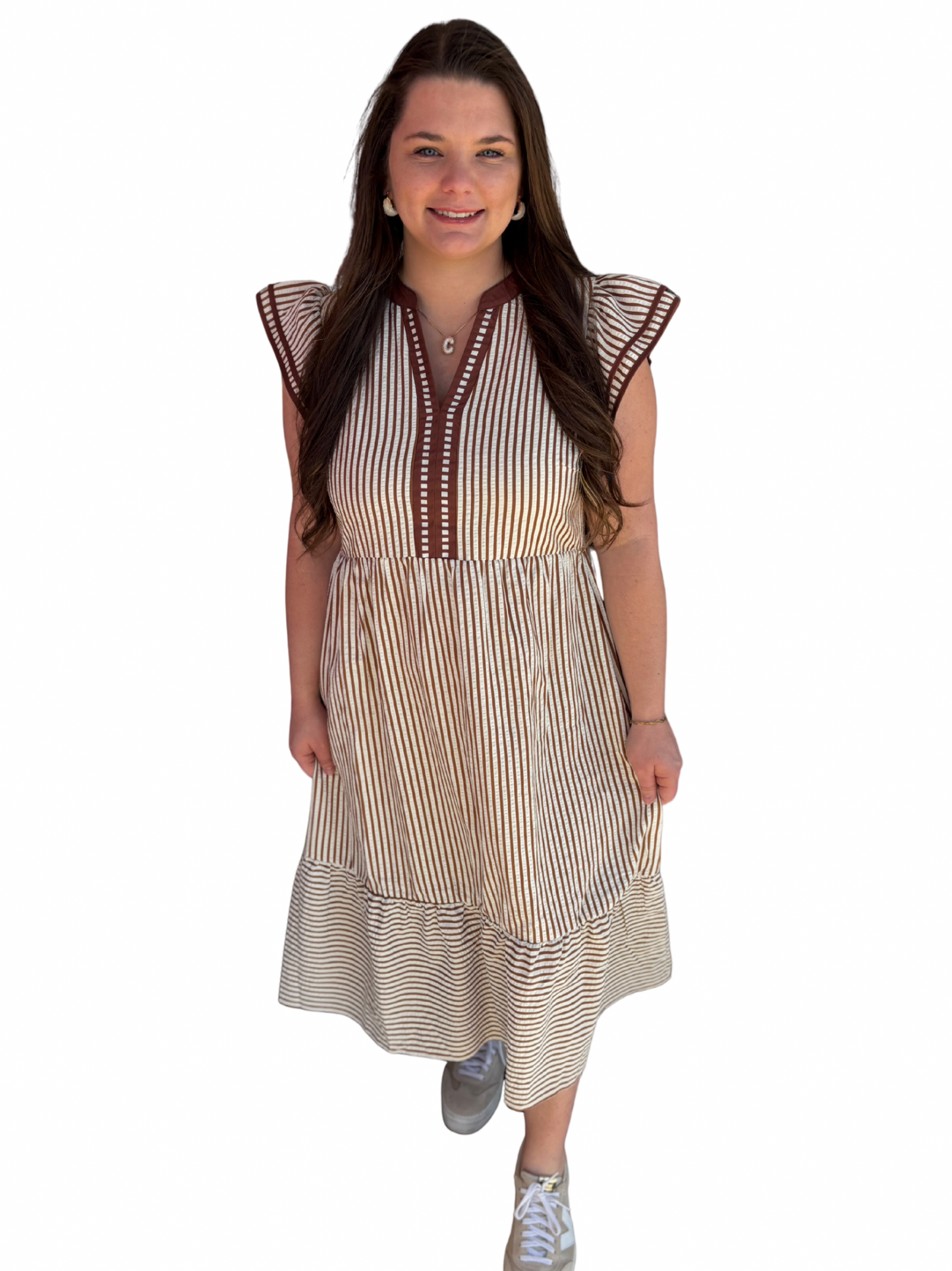 Brown Stripe Short Sleeve V Neck Midi Dress | Modern Grace Large Brown Stripe Short Sleeve V Neck Midi Dress | Modern Grace Large
