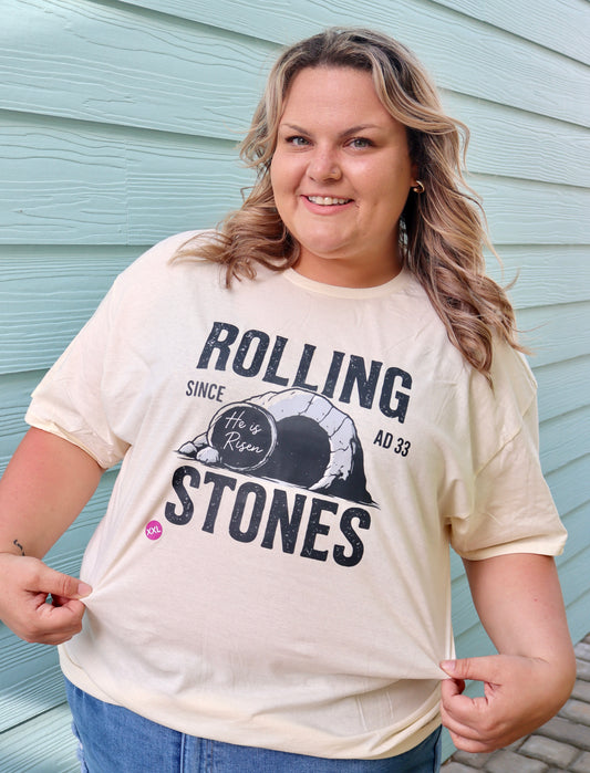 Modern Grace JTH Rolling Stones Jesus "He is Risen" short sleeve T-shirt featuring religious graphic print and casual fit.