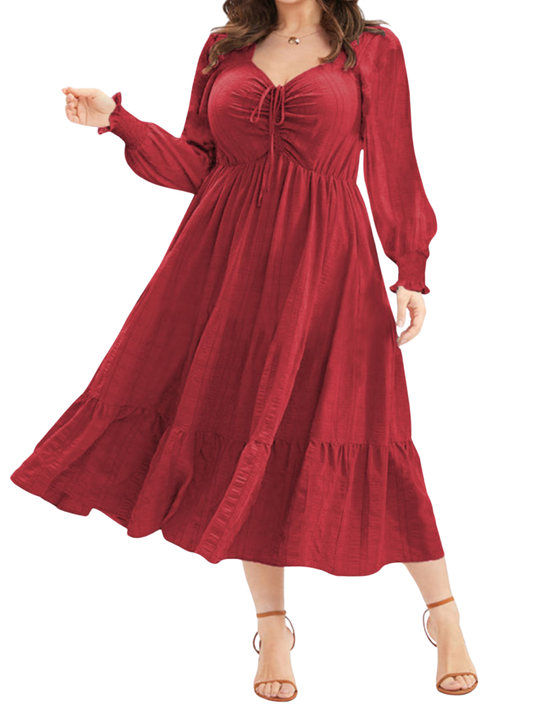 Curvy Burgundy Red Lace-up Long Sleeve Midi Dress