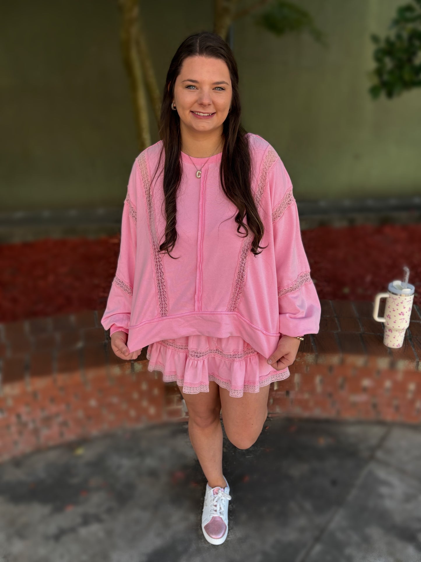 Pink Lace Trim Sweatshirt Set