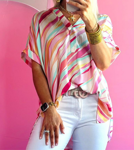 Multicolor Abstract Print High Low Short Sleeve Blouse