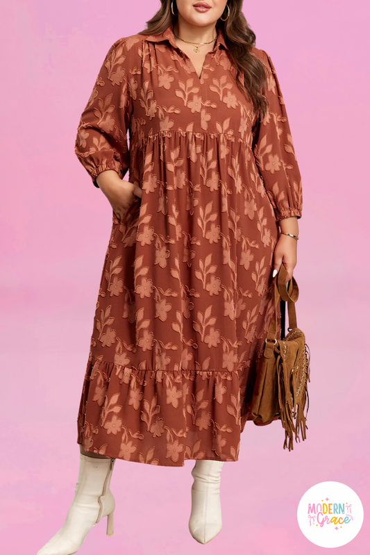 Cinnamon Plus Size Textured 3D Flower Pattern Ruffle Hem 3/4 Sleeve Long Dress (Warehouse Exclusives)