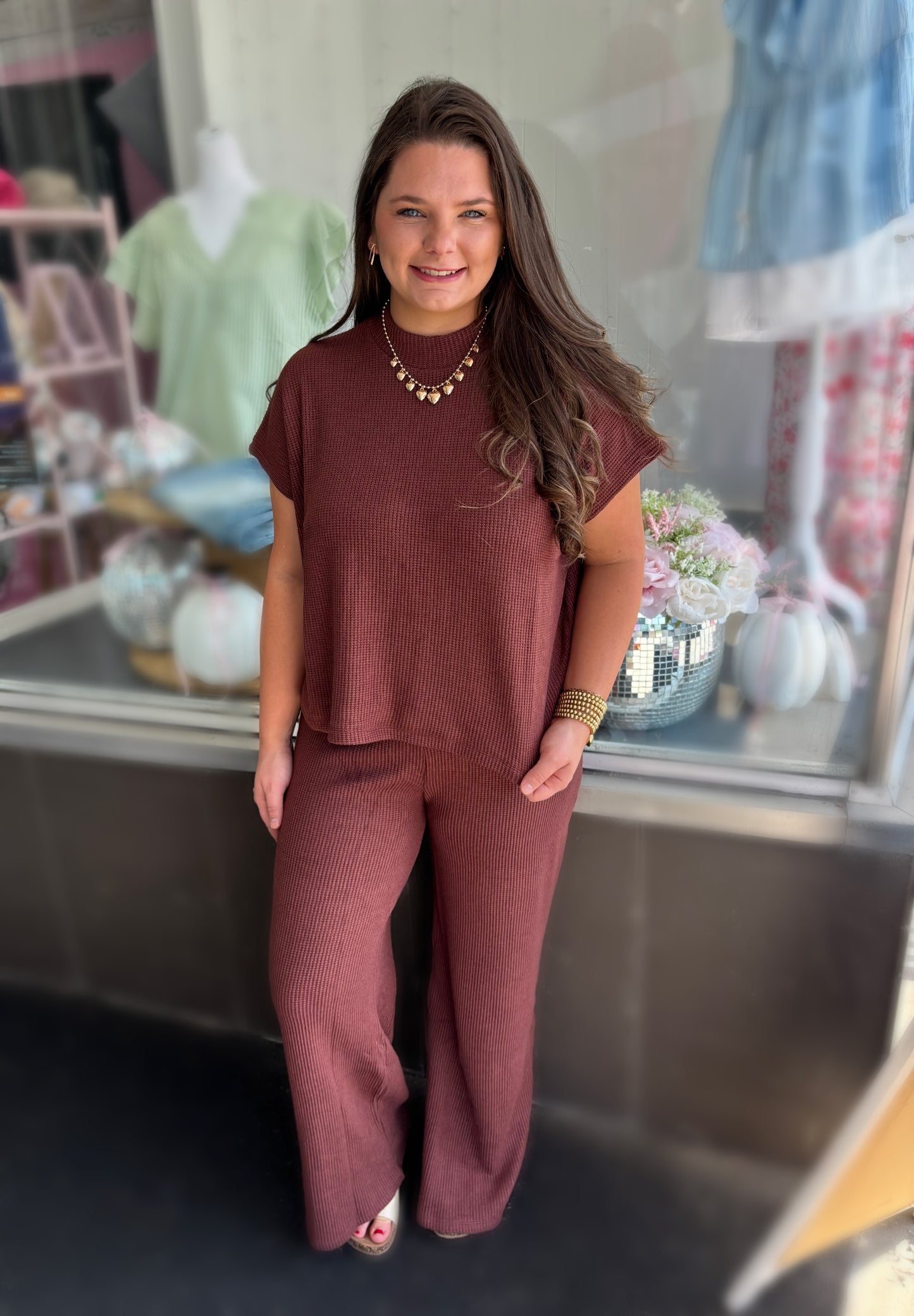 Rum Brown Sweater Boxy Top & Long Pants Set