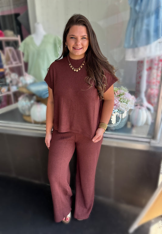 Rum Brown Sweater Boxy Top & Long Pants Set