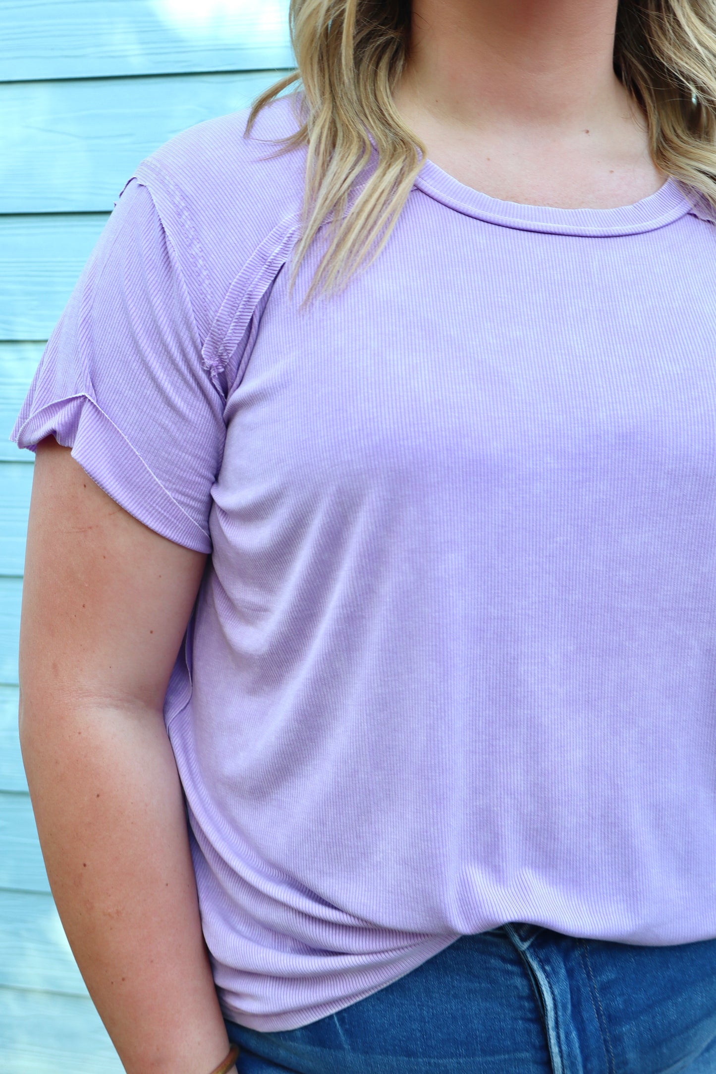 Lavender washed ribbed boat-neck top for women by Zenana, short sleeve, flattering curvy fit, casual stylish blouse.