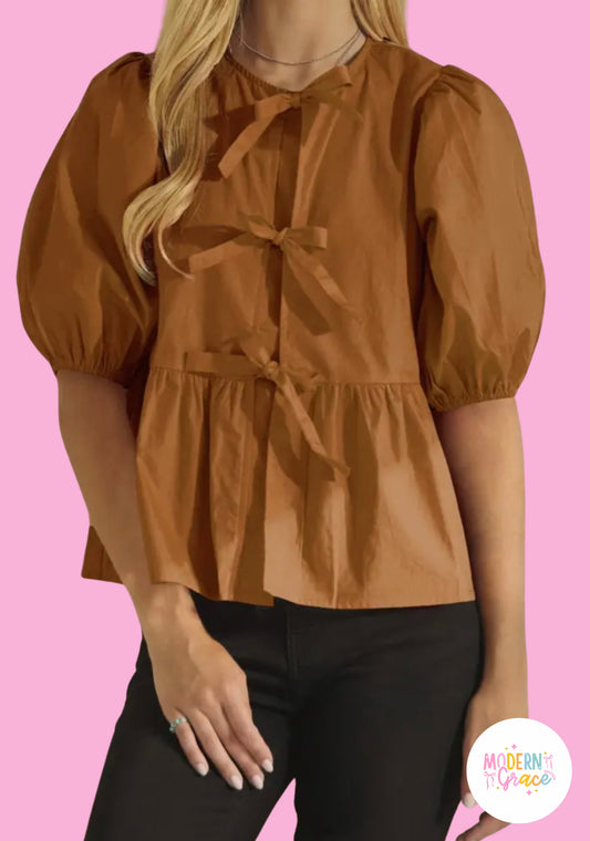 Curvy Solid Chestnut Cotton Poplin Front Tie Ribbon Blouse