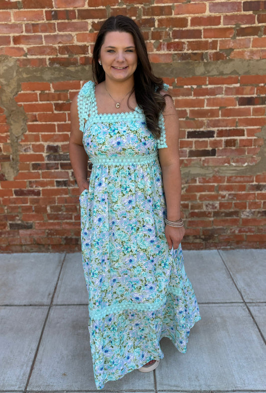 Mint Floral Lace Tie Strap Maxi Dress