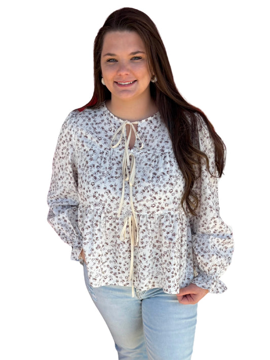 White Bow Tie Front Floral Print Peplum Blouse