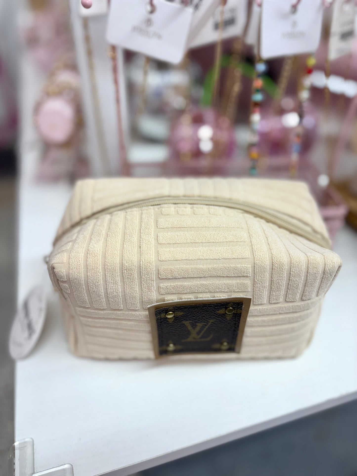 Upcycled Ivory Terry Cloth Travel Pouch (LV Logo is Authentic and has been repurposed onto a new bag)