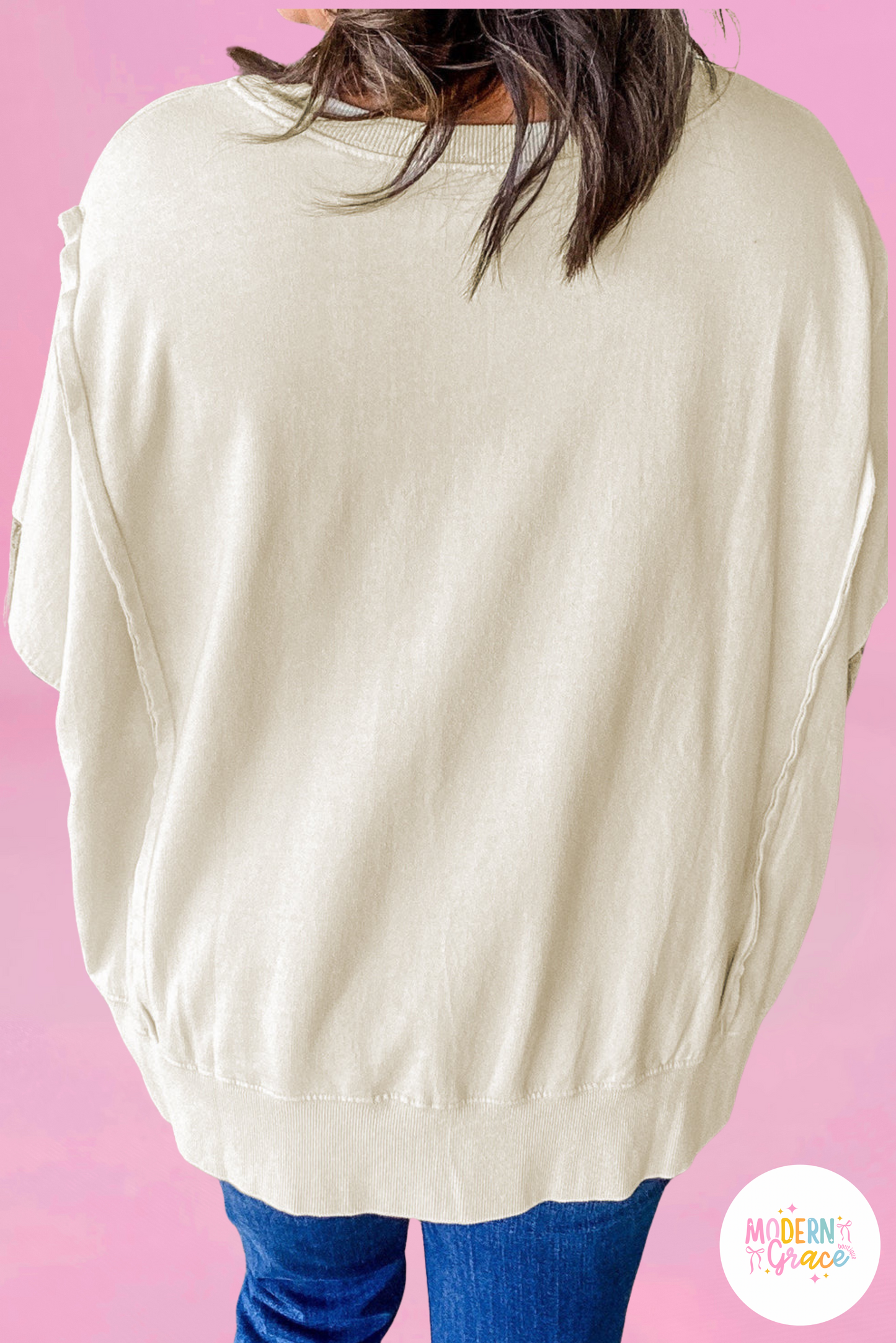Plus Size Beige Multicolor Plaid Patchwork Sleeve Pullover Top (Warehouse Exclusives - Online only!)