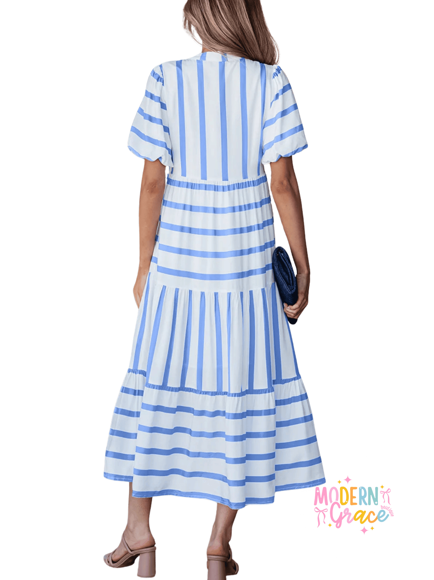 Sky Blue Stripe Ricrac Trim Notched Neck Half Sleeve Vacation Midi Dress