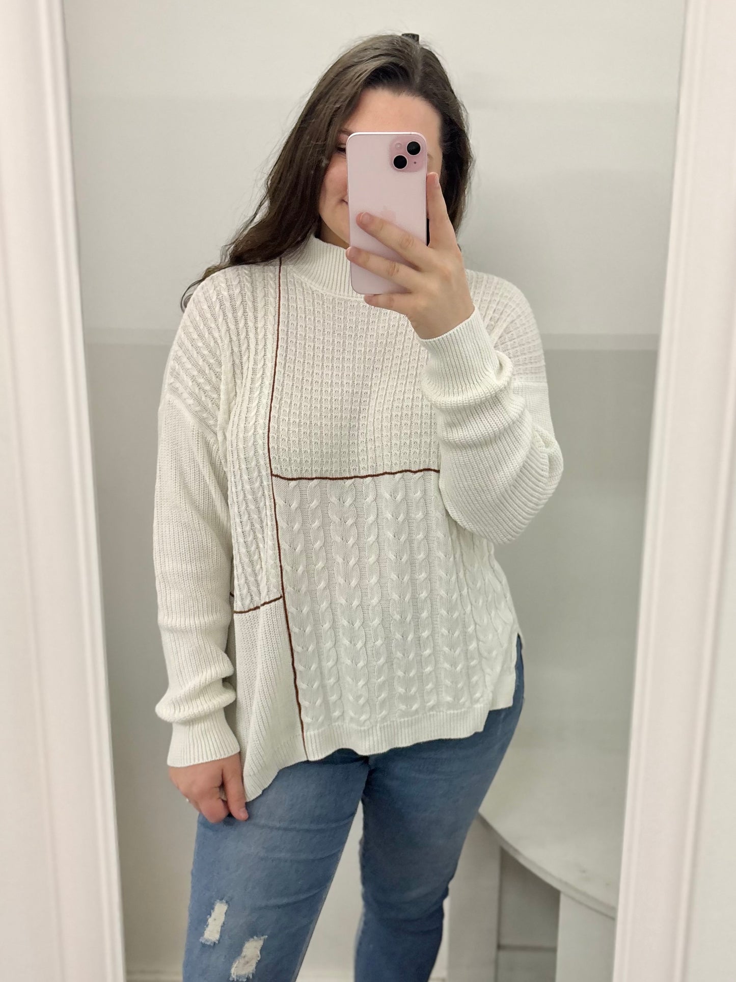 White Mixed Texture Patchwork Mock Neck Sweater
