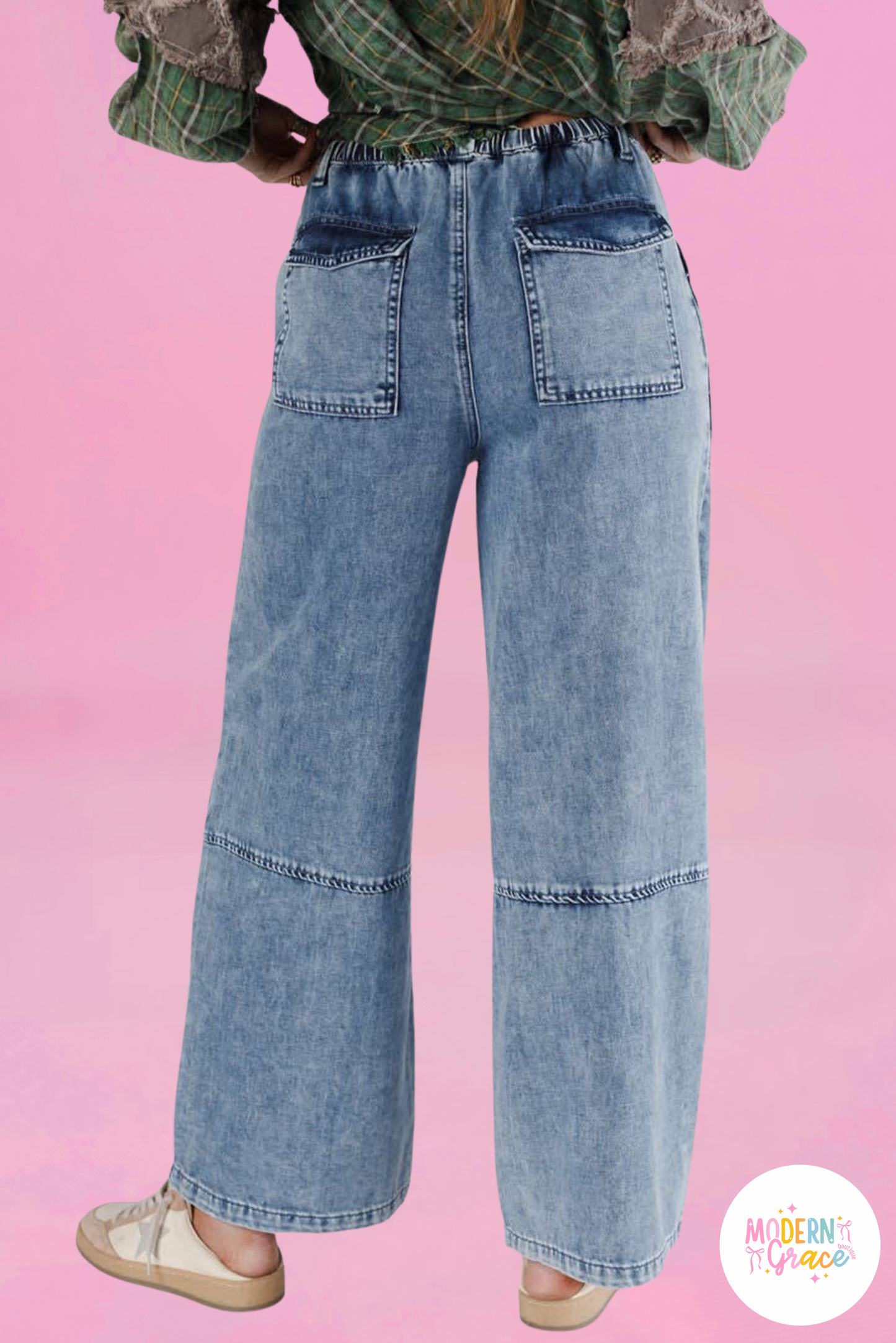 Ashleigh Blue Acid Wash Exposed Seam Drawstring Elastic Waistband Jeans (Warehouse Exclusives)