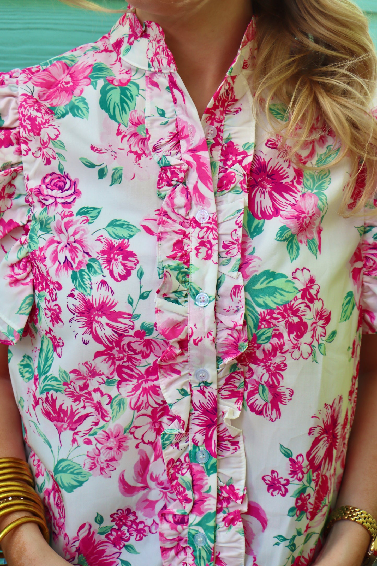 Pink floral print ruffle sleeve button-up shirt by Modern Grace, featuring frilly details and a stylish, feminine design.