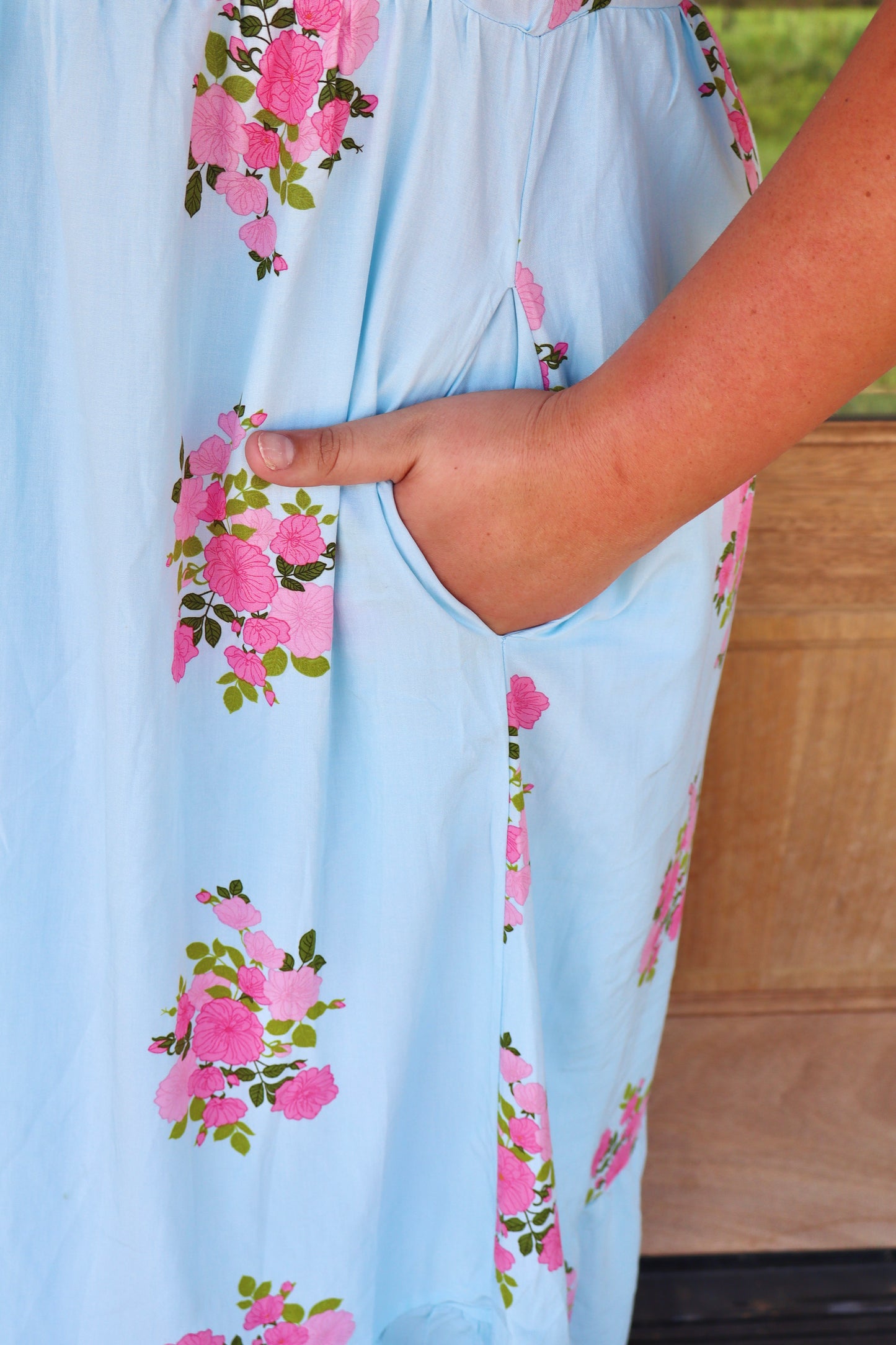 Sky Blue Plus Size Floral Print Scalloped Trim V-Neck Dress