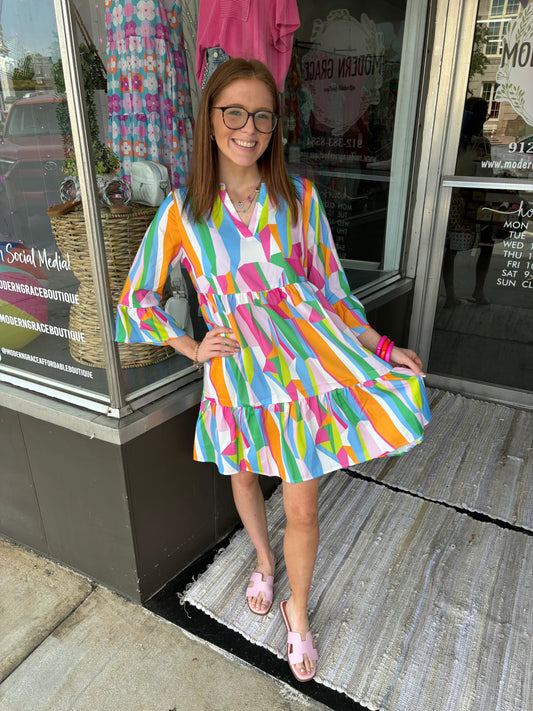 Vibrant Geometric Patterned Flare Dress with V-Neckline