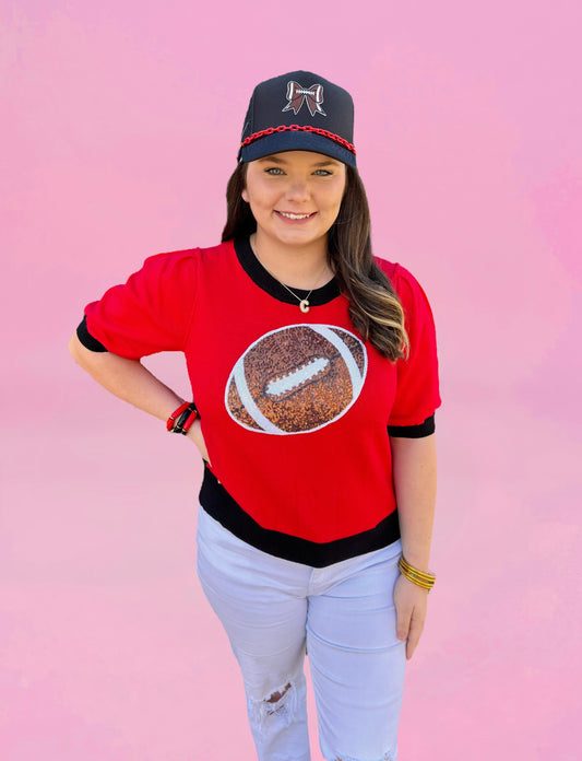 RED FOOTBALL SEQUIN SWEATER