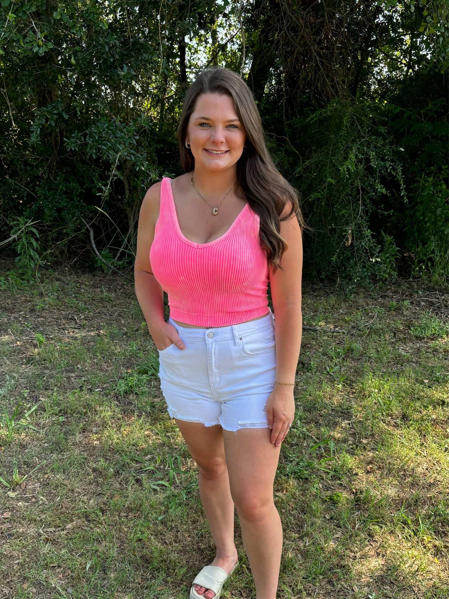 Neon Corral Washed Ribbed Seamless Bra Padded V-Neck Tank Top