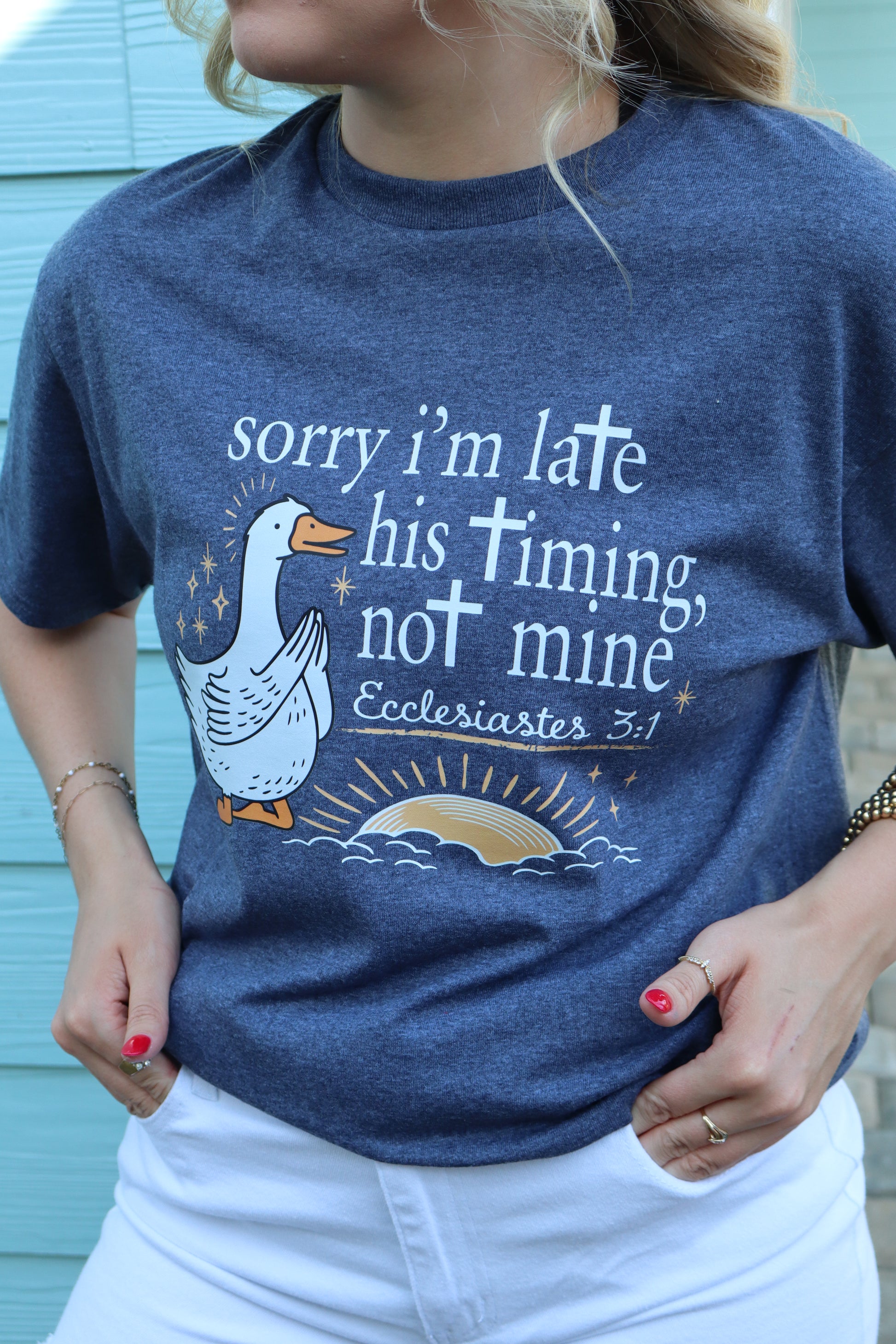 Modern Grace men's short sleeve T-shirt with "Sorry I’m late.. His Timing Not Mine" print, casual tops for everyday wear.
