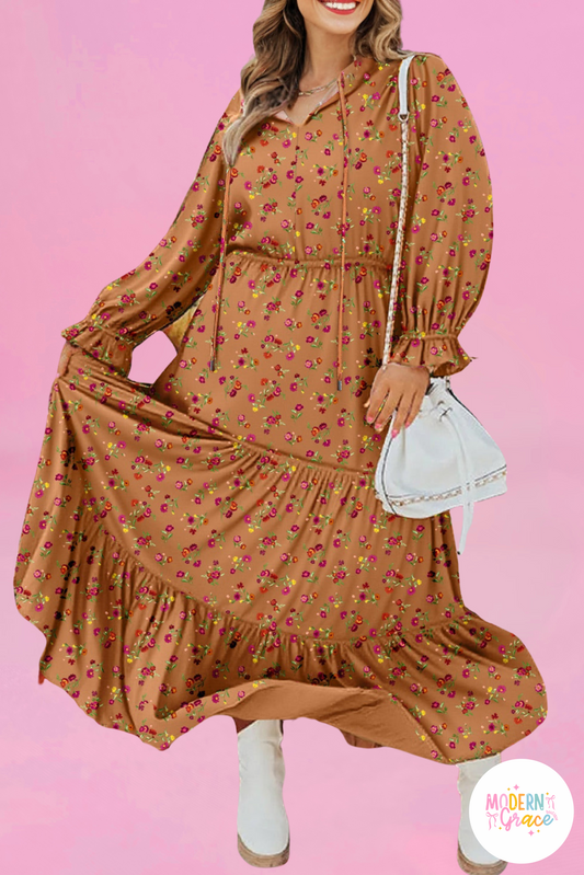 Brown Plus Size Floral Split V Neck Ruffled Sleeve Tiered Maxi Dress (Warehouse Exclusives - Online only)