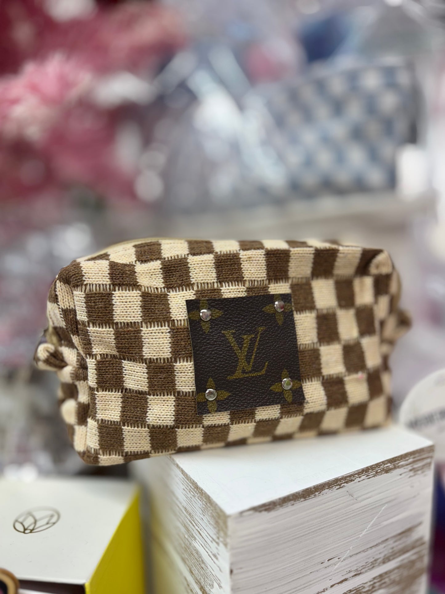 Upcycled Brown Checkered Travel Pouch(LV Logo is Authentic and has been repurposed onto a new bag)