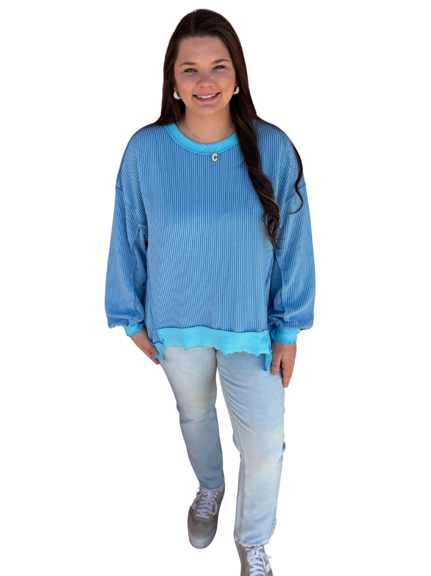 Sky Blue Twisted Rib Drop Shoulder Top