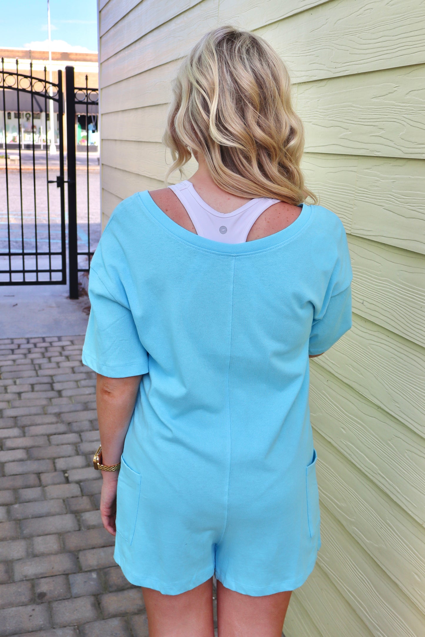 Sky Blue V or Scoop Neck Reversible 2-Way Romper with Pockets