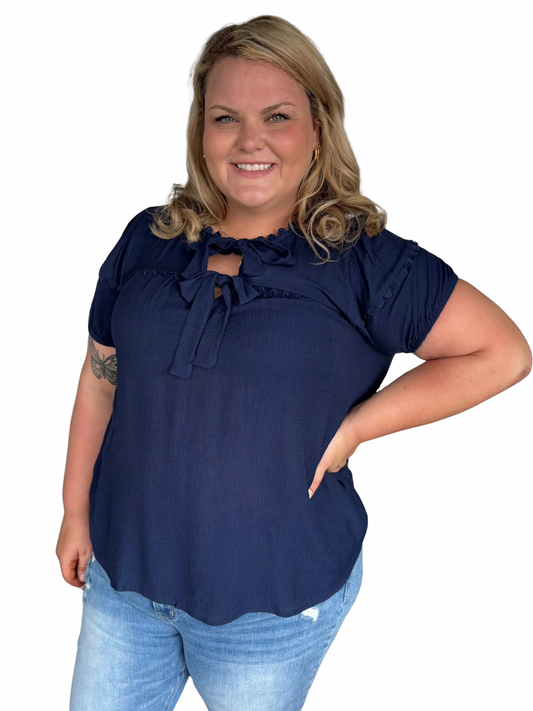 Curvy Navy Blue Scallop Trim Bow Blouse