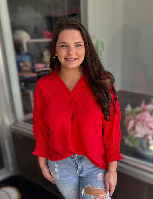 Curvy & Misses Size Red Smocked Cuff Dolman Oversized Collared Blouse