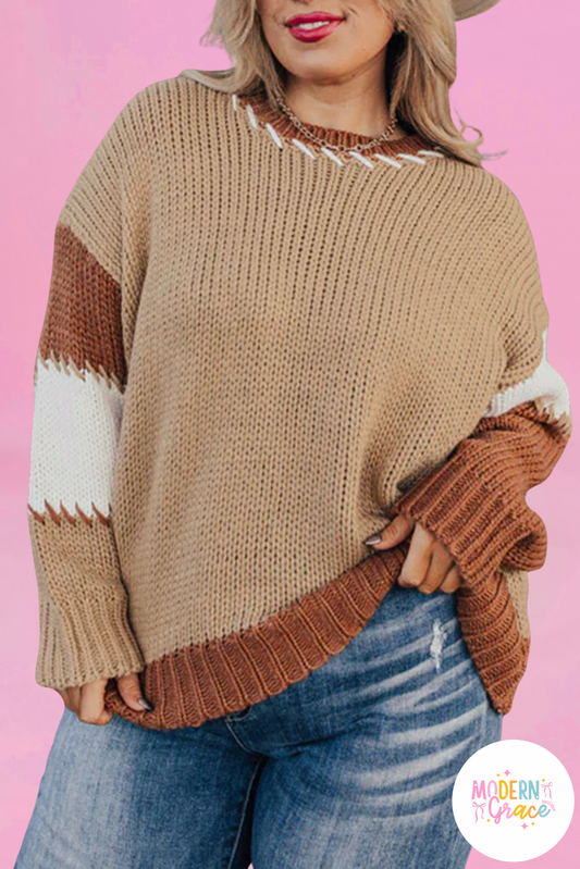 CURVY Light French Beige Stitch Detail Color Block Knitted Plus Size Sweater (Warehouse Exclusive)