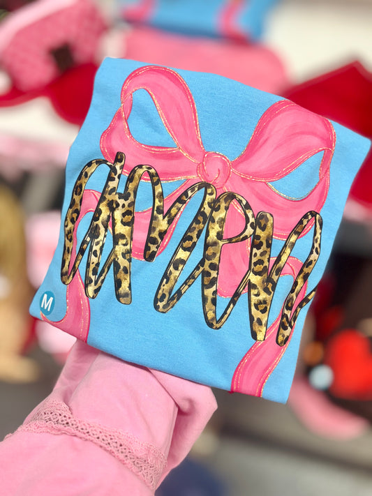 JTH Blue Amen Leopard Bow T-Short Sleeve Shirt