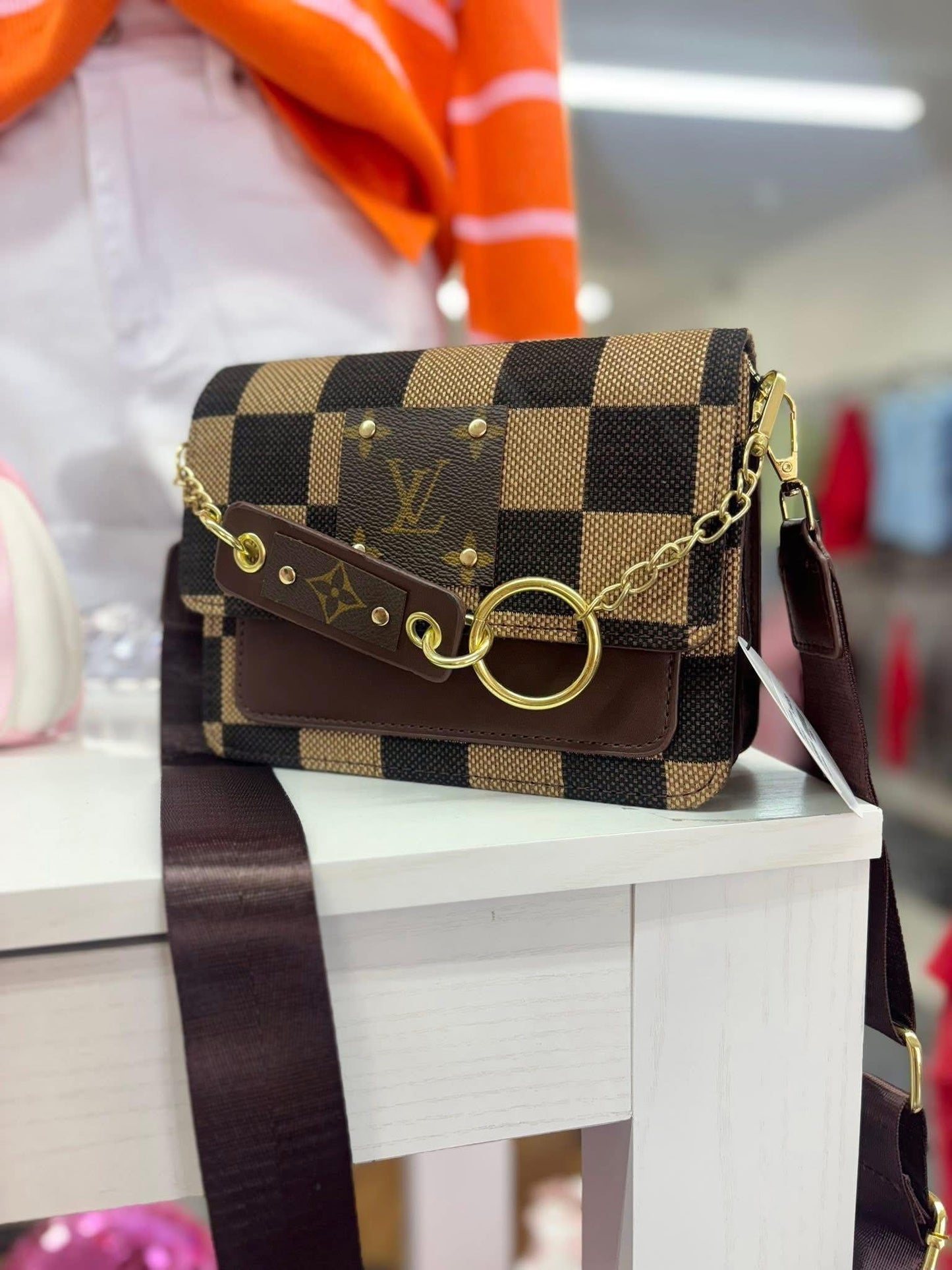 Upcycled LV Checker Chained Crossbody Bag (LV Logo is Authentic and has been repurposed onto a new bag)