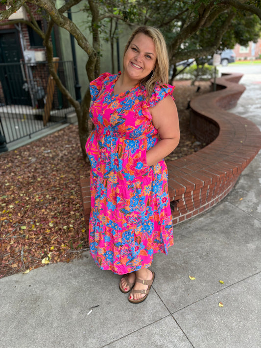 CURVY FUCHSIA FLORAL PRINT MAXI DRESS