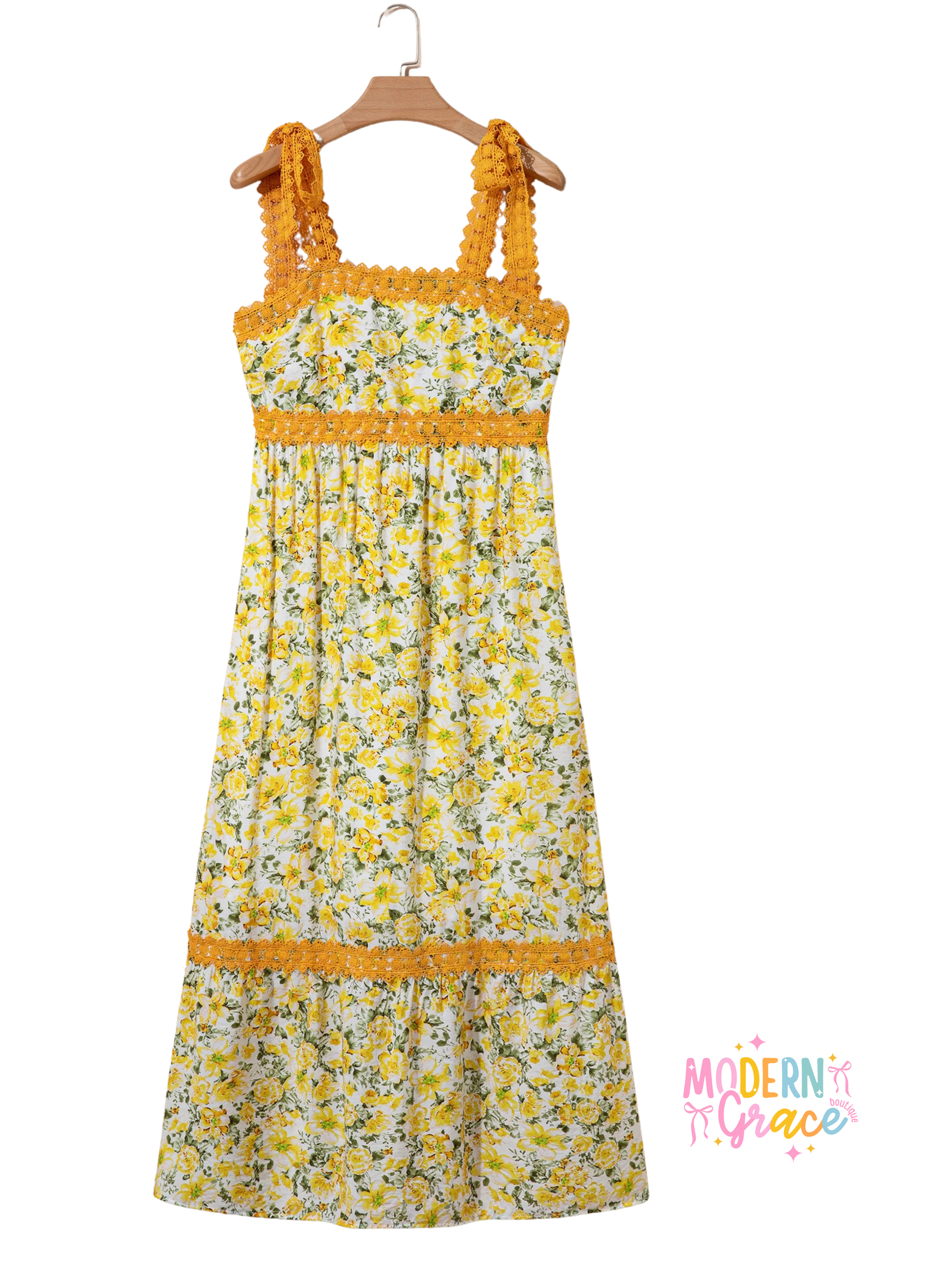 Modern Grace banana cream floral lace maxi dress with tied straps and empire waist, perfect for elegant summer occasions.