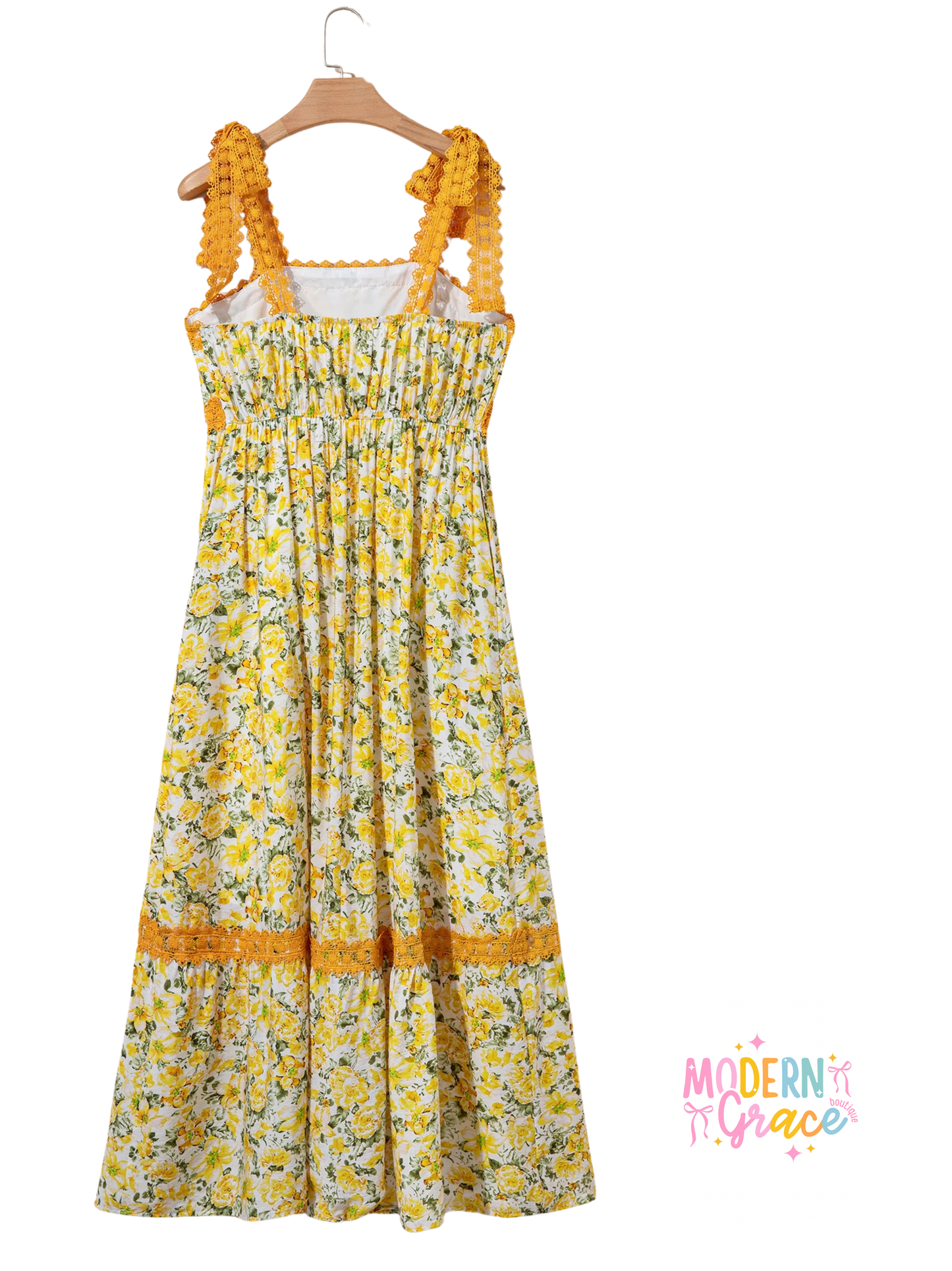 Modern Grace banana cream floral lace empire waist maxi dress with tied straps and elegant design, perfect for summer occasions.