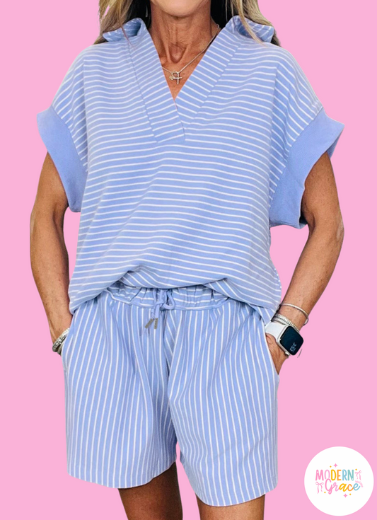 Sky Blue Stripe Dolman Sleeve Polo Shirt and Drawstring Shorts Set (Warehouse Exclusive)