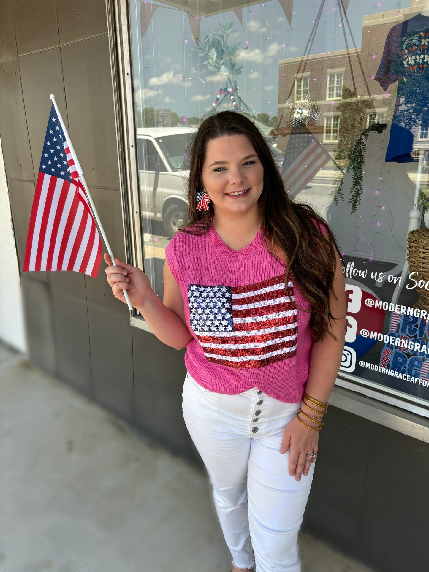 Pink Sparkling American Flag Knitted Vest Top