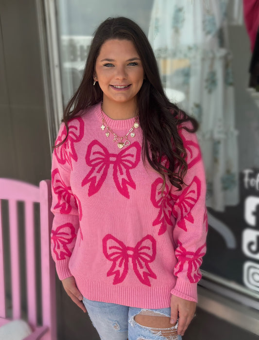 Pink Bow Pattern Drop Shoulder Loose Sweater