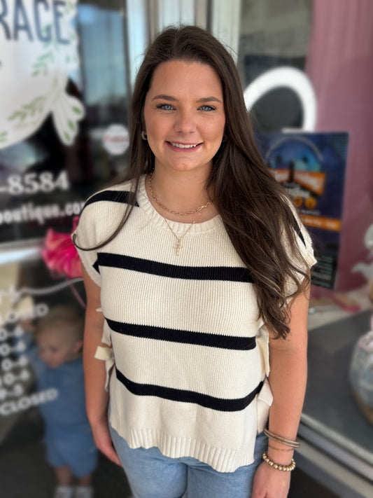 Stripe Short Sleeve Knit Sweater with Bows on the Sides