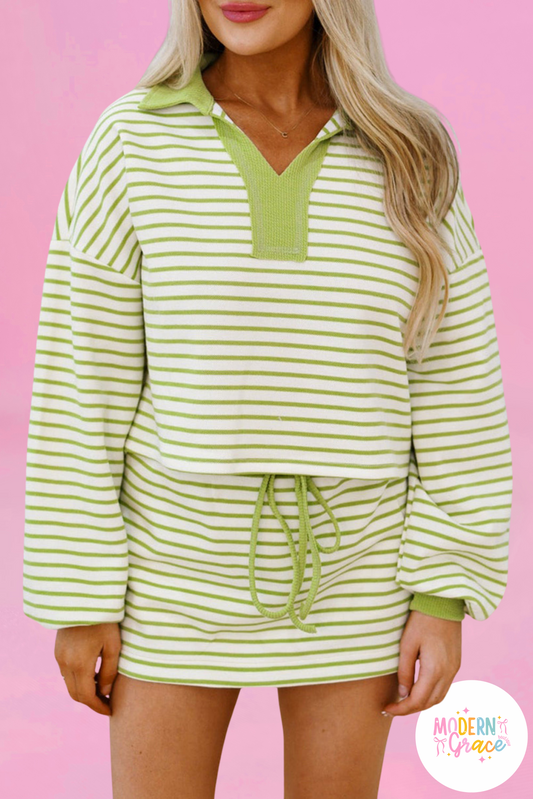 Green Stripe Collared V Neck Drop Shoulder Pullover and Skort 2pcs Outfit (Warehouse Exclusive)