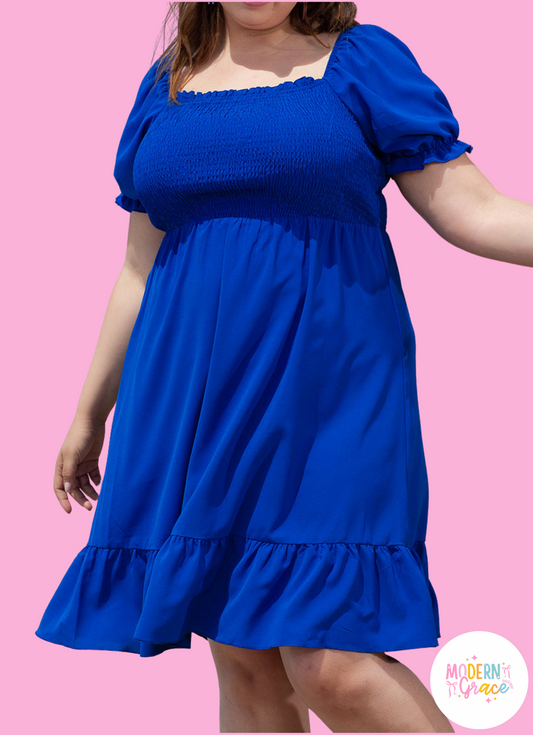 Dark Blue Shirred Ruffled Square Neck Plus Size Mini Dress