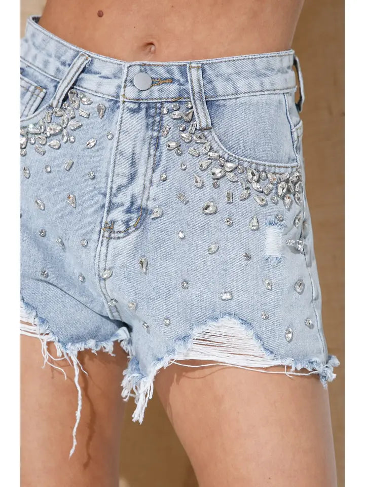 Studded Rhinestone Frayed Denim Shorts