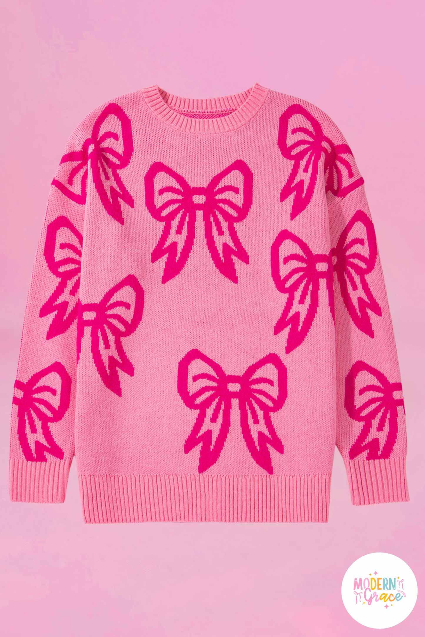 Pink Bow Pattern Drop Shoulder Loose Sweater