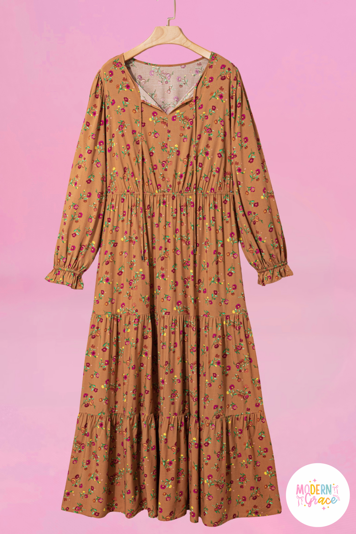 Curvy Brown Floral Split V Neck Ruffled Sleeve Tiered Maxi Dress