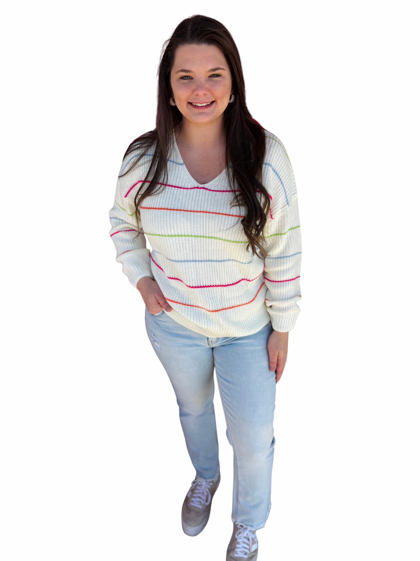 White Colorful Striped V Neck Drop Shoulder Baggy Sweater